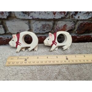 Hand Carved Painted‎ Wooden Pig Napkin Rings Pair Philippines Folk Art White Red
